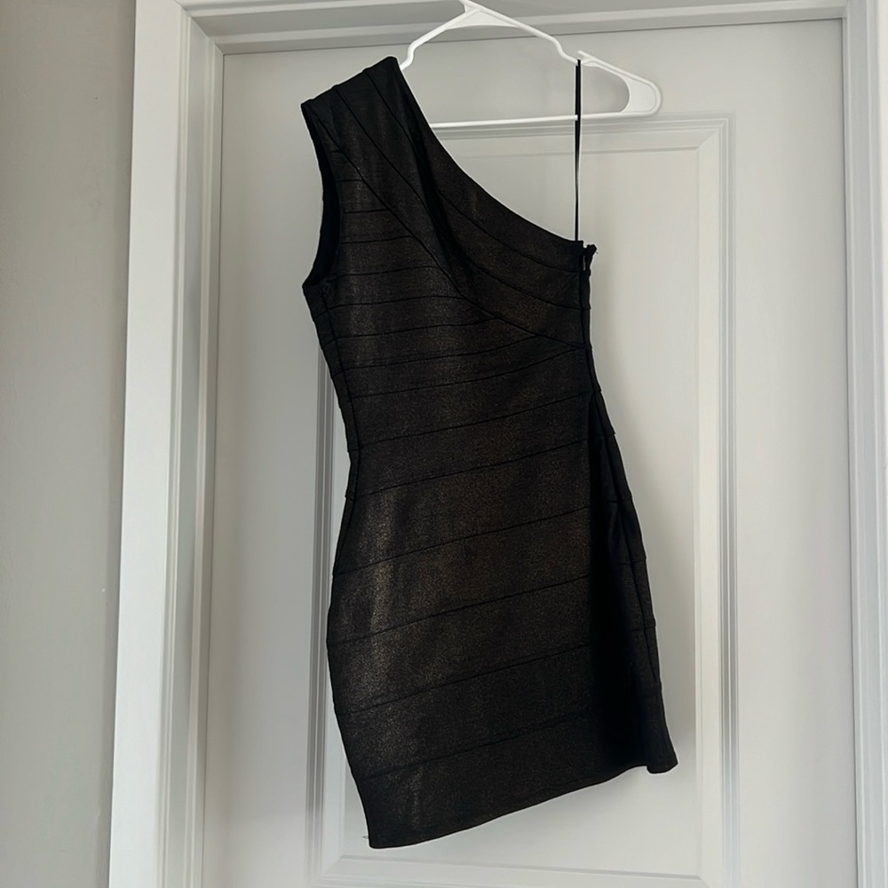 Express One Shoulder Fitted Mini Dress Size XS Gold/Black/Brown